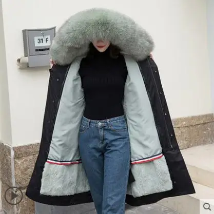 Parka 110cm Зимние толстые теплые парки с капюшоном из натурального меха лисы, женские зеленые пальто и куртки с подкладкой из кроличьего меха, Женское пальто с длинным рукавом - Цвет: Parka 110cm
