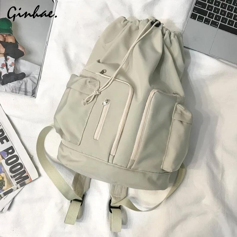 

Vintage Solid String Backpack Multi-Pocket Large Capacity School Bags For Teenage Girls High Quality Waterproof Nylon Book Bags
