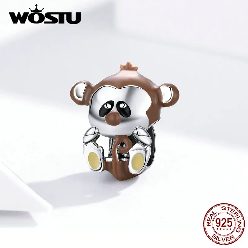 WOSTU настоящий 925 пробы Серебряный озорной обезьяны животных Бусины коричневый талисманы подходят браслет ожерелье для женщин ювелирные изделия CTC125