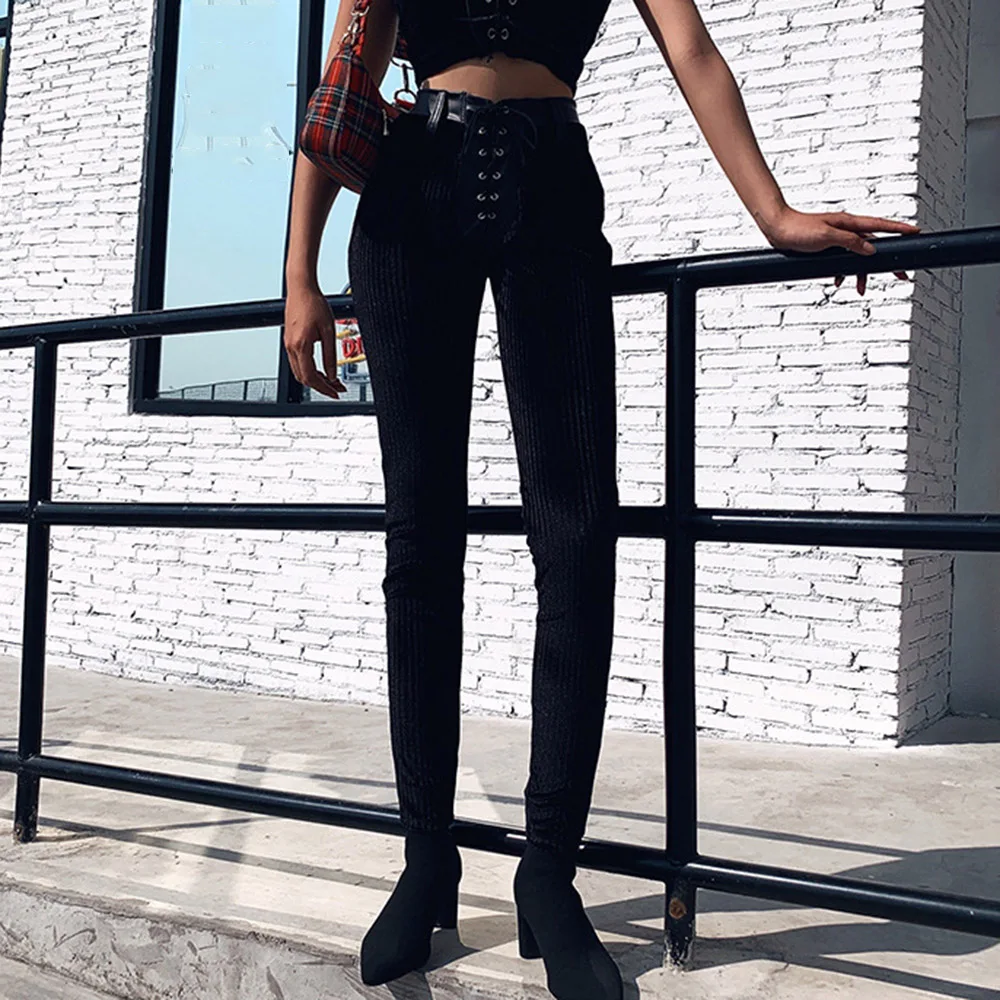 Женские панковские штаны из искусственной кожи на шнуровке сексуальные пуш-ап с