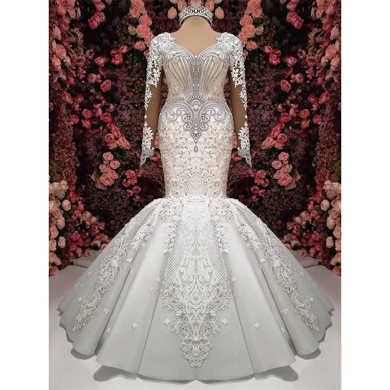 

Vestidos De Noiva Glamorous Crystals Mermaid Wedding Dress 2019 Sexy V-Neck Long Sleeves Wedding Gowns