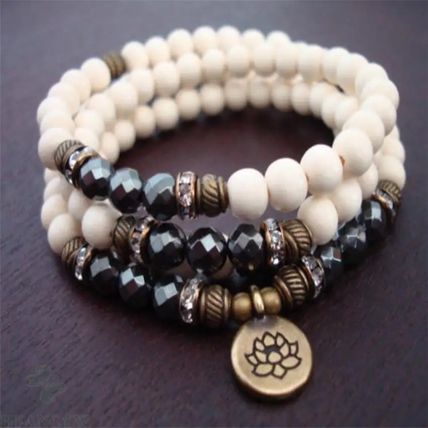 

8MM Sandalwood Hematite Mala necklace 108 Beads Handmade Unisex Veins Wrist Bless natural MONK Tassel Wristband Fancy yoga