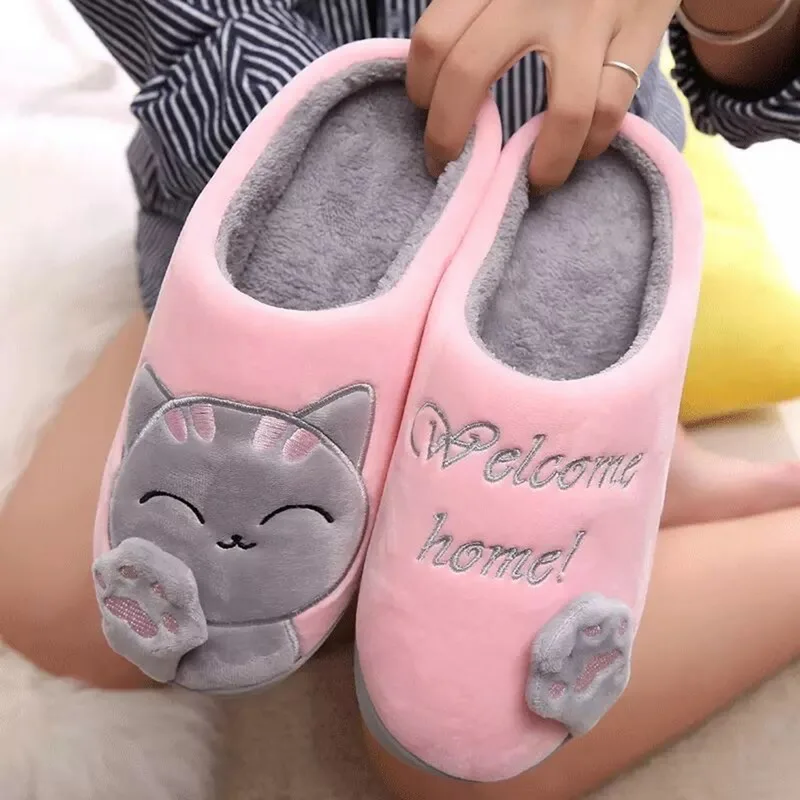 MoneRffi Women Indoor Winter Slippers Unisex House Slippers Lucky Cat Soft Slip On Slippers Fluffy Fur Warm Shoes Buty Damskie