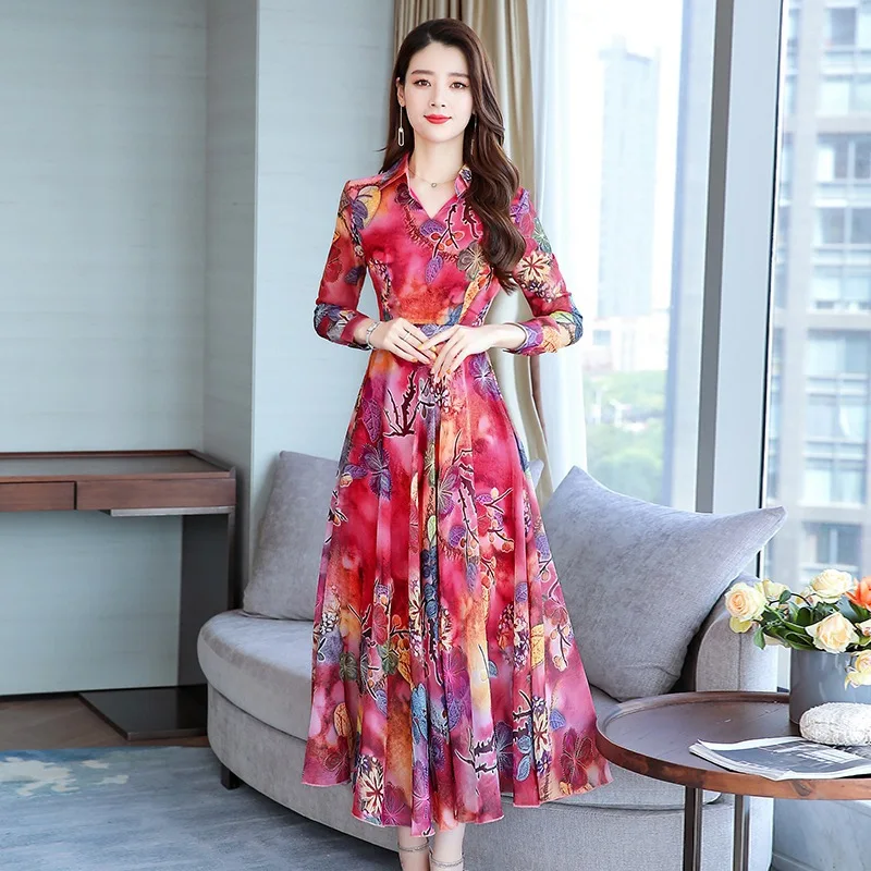 

Skirt Women's 2019 Early Autumn New Style Korean-style Chiffon Mid-length Long Sleeve V-neck Sun-resistant Large Size Middle-age