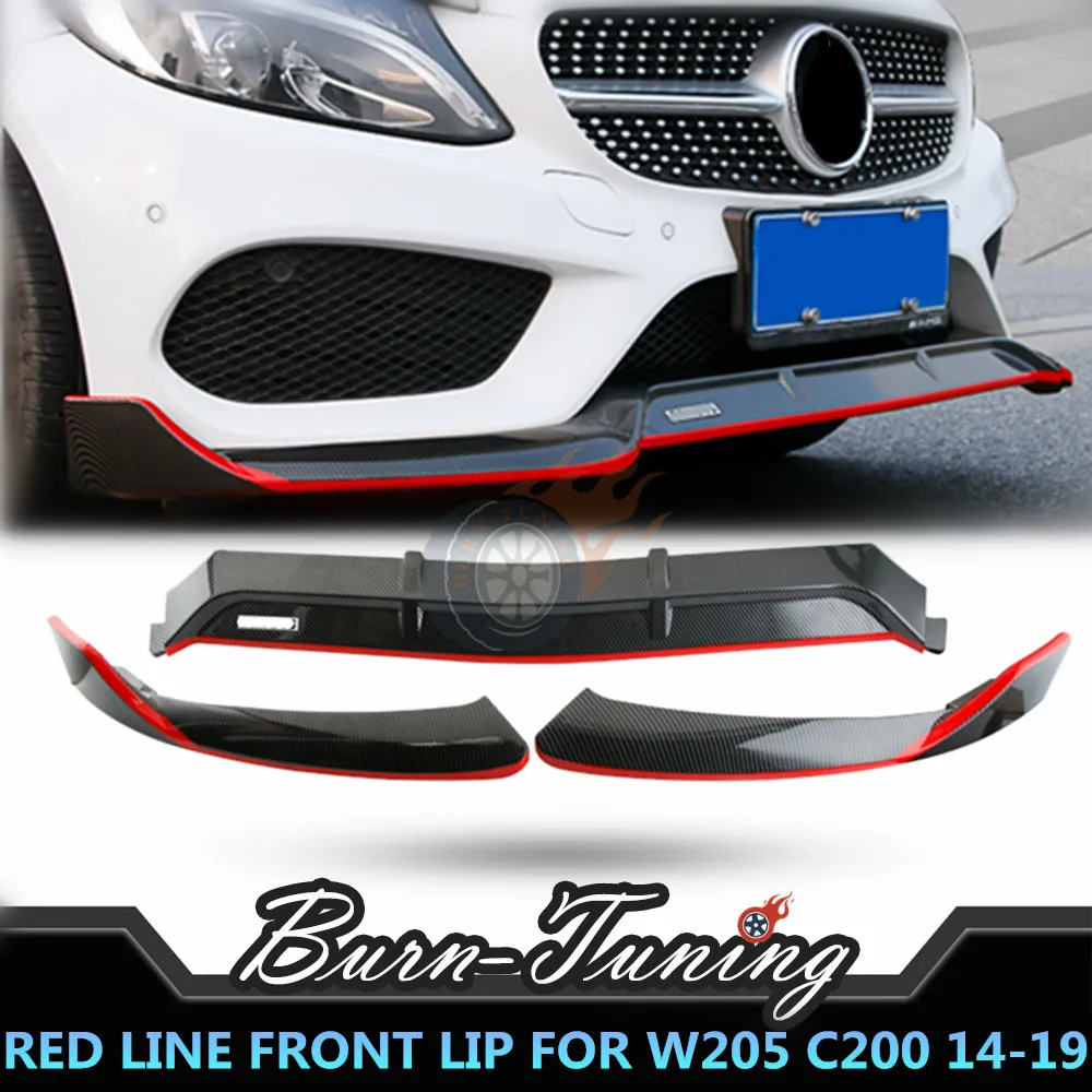 

3PCS Red Line Front Bumper Lip For Mercedes W205 C Class C200 C260 2014-2019 Extra Protection Sport Edition Carbon Fiber Look ABS Material Front Bumper Protector With Red Line