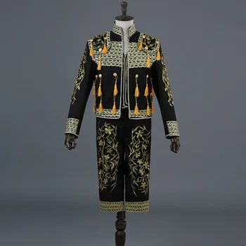 

Gold Embroidery Tassel Sequin Black 3 Piece Stage Suit(Jacket+Pants+Vest) Men Bullfight Dance Singer Suit Blazer Matador Costume