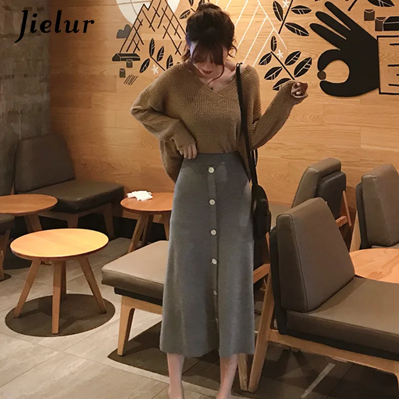 

Jielur New Solid Color Skirts Womens Loose Elastic Waist Button Jupe Femme Knitted Autumn Winter Skirt Black Faldas Mujer Moda