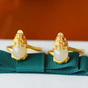 

Silver natural Hetian white jade brave open adjustable ring Chinese retro beast domineering exaggerated women's brand jewelry