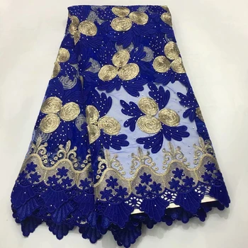 

Royal blue water soluble milk silk African french net lace fabric high quality embroidered stones gold Nigerian tulle mesh lace