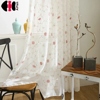 

Pink Blue Flower Embroidered Sheer Curtains for Living Room Pastoral Rural Delicate Floral French Window Tende wp400C