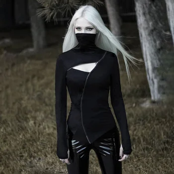 

Fashion Solid Zipper Women T Shirts Hollow Out Asymmetrical Turtleneck Female Pullovers Tops Slim Autumn Lady Tees
