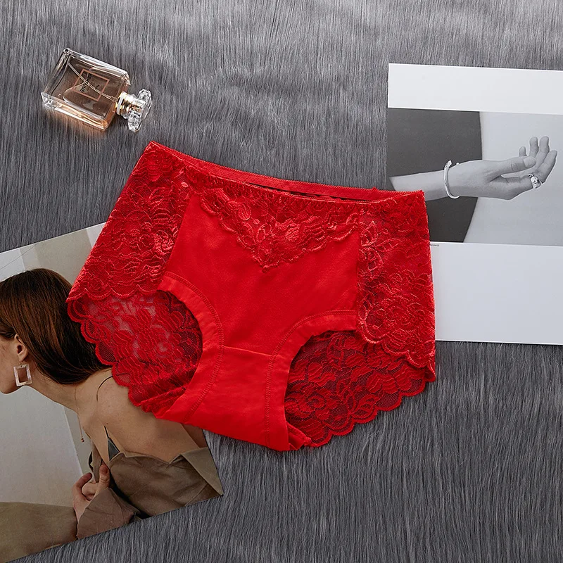 Jeseca Women Sexy Lace Panties High Elastic Cotton Breathable Briefs Mid Waist Ladies Underwear Lingerie Girls Cute Underpants - Цвет: red