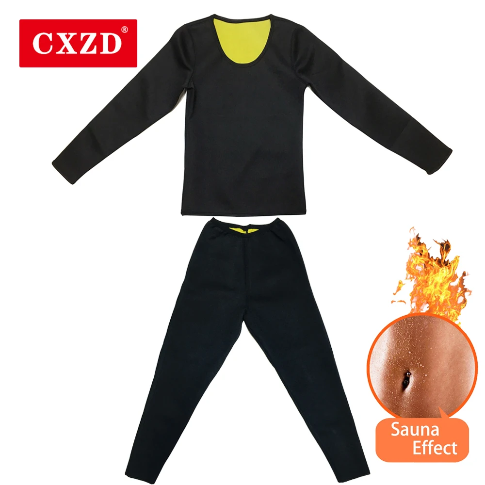 

CXZD Neoprene Sweat Sauna Shirt Body Shapers Long Sleeve Shirt + Pant Waist Trainer Sauna Suit Shapewear Weight Loss Corset