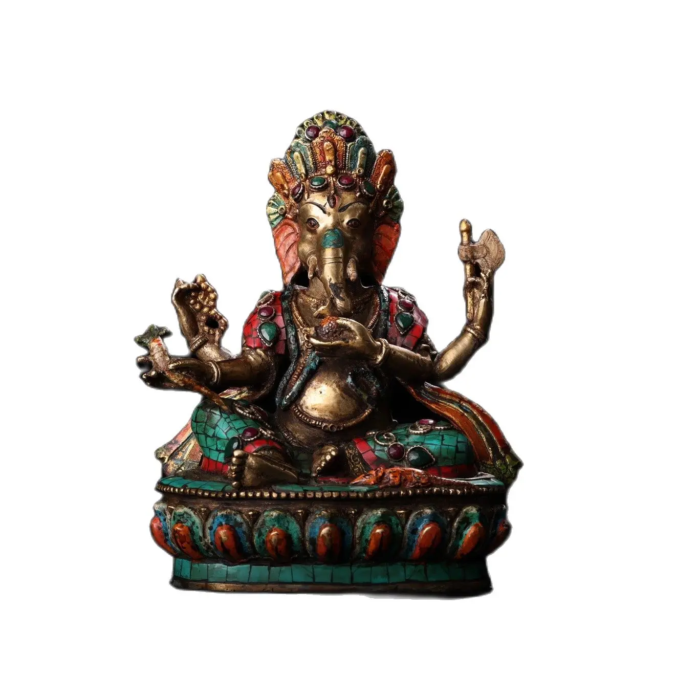 

Tibetan Tantric Buddhism handmade Buddha statue,inlaid gemstone copper elephant trunk God of Wealth,Height 23cm,Long 17.5cm