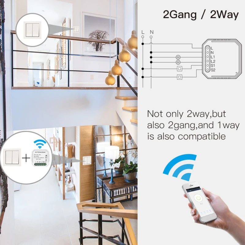 

WiFi Smart LED DIY Light Dimmer Module Switch 220-240V 2 Gang 2 Way Smart Life/Tuya APP Work With Alexa Google Home For EU UK