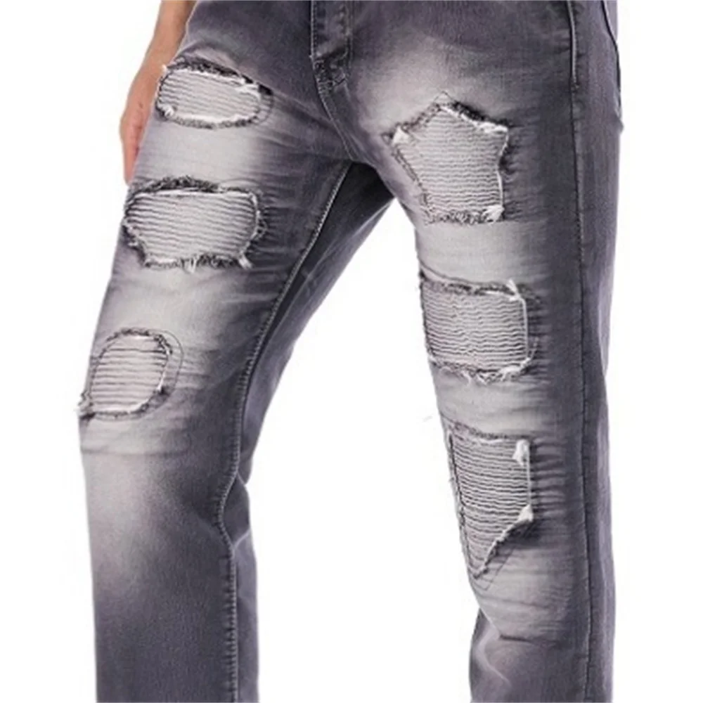EH · MD® Gray Jeans Men's Pleated Hole Patch Cotton Soft Small Straight High Street Personalized Slim Pants Motorcycle 2020 New