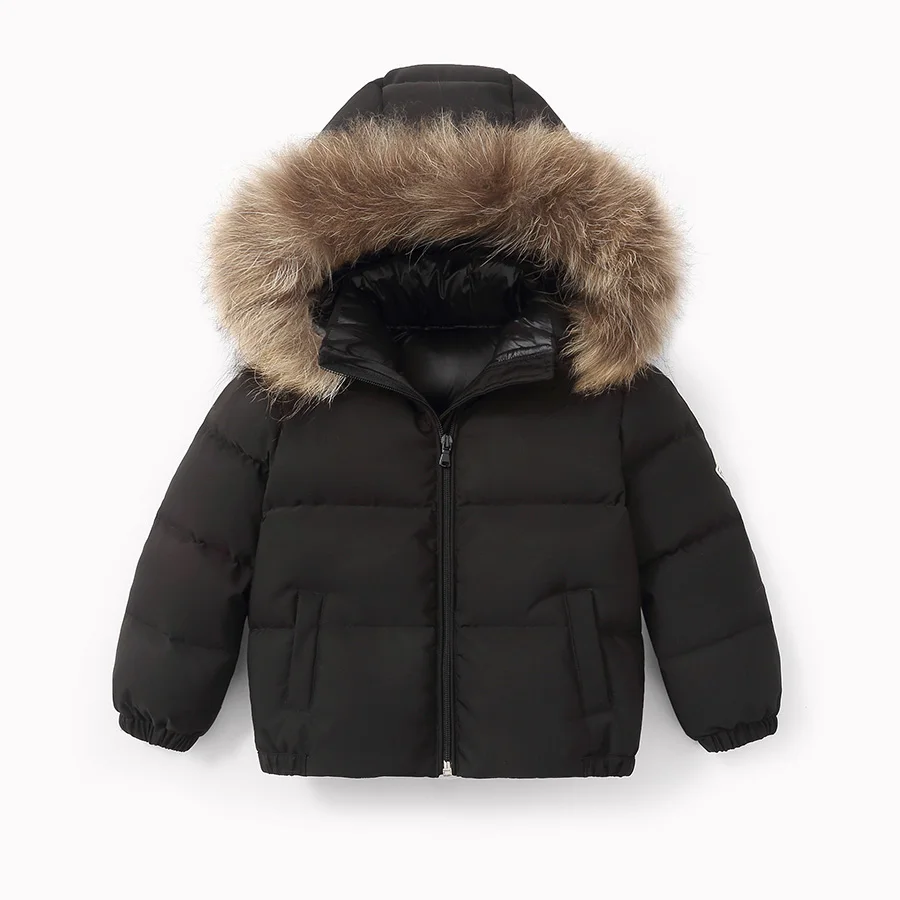 Детские зимние куртки для девочек, теплое пуховое пальто для мальчиков, верхняя одежда с меховым капюшоном, одежда для малышей, детская парка, куртка для детей 4, 6, 8, 10, 11 лет - Цвет: Черный