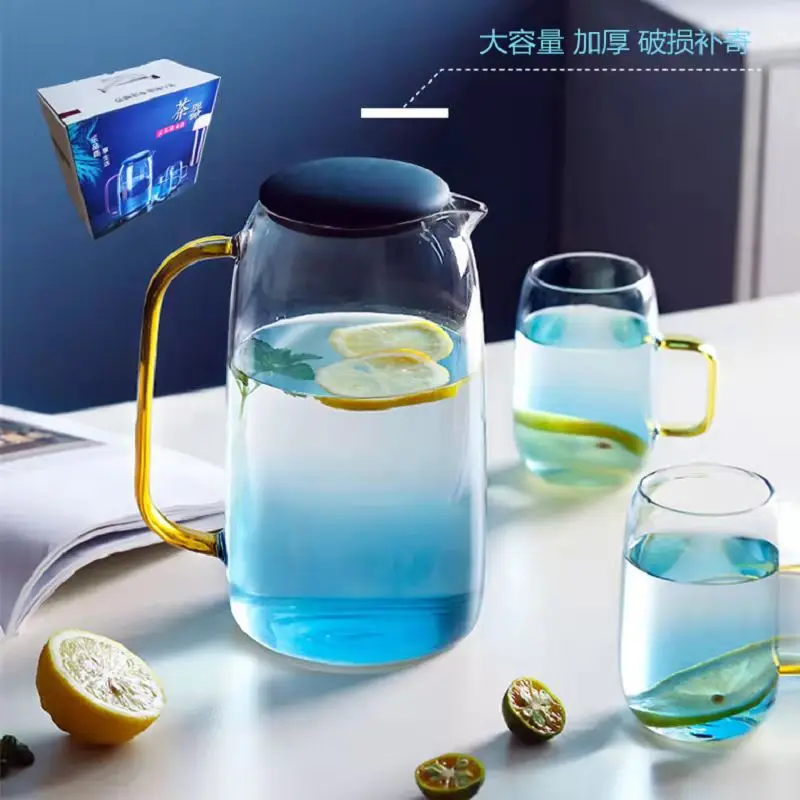 1 Piece 1500ml Glass Carafe 300ml Glass Mug Gradient Blue Nordic Glassware Heat Resistant Jug and Cup Table Decor