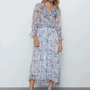 

2020 Women Summer Vintage Chiffon Dress Long Sleeve Ruffles V-Neck Dresses Female Elegant Floral Print Casual Dress vestidos