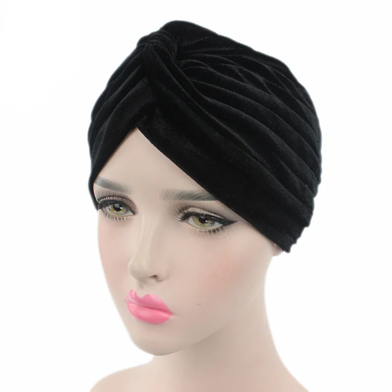 New Muslim Women Stretch Solid Velvet Turban Hats Chemo Beanie Bandana Scarf Head Wrap Cover Cap Hair Loss Accessories 2