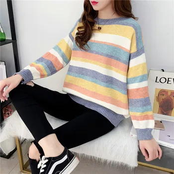 

New Autumn Winter Casual Sweater Tops Knitwear Loose Style O-Neck Slim Striped Ladies Sweater Tops Loose Jumpers Femme