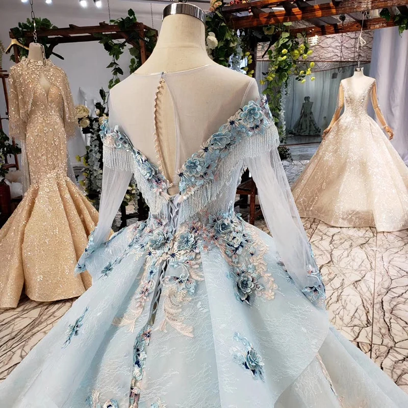 HTL750 элегантное вечернее платье с голубой аппликацией цветы o-образным вырезом на шнуровке сзади длинное строгое платье женское платье soiree manche longue