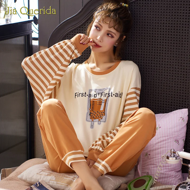 Pyjamas Women Sleepwear Big Stripes Plus Size Pajamas Round Neck Women Pajamas Set Pjs Women Homesuit Printing Long Sleeve Girl