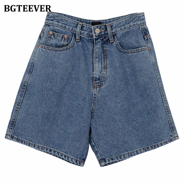 Casual High Waist Straight Jeans Shorts Summer Pockets Loose Female Blue Denim Shorts Ladies High Street Bottoms 2020