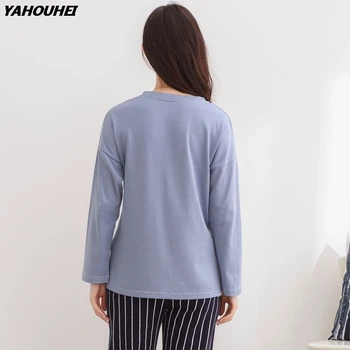 

2019 Autumn 100% Cotton Pajamas Sets For Women Long Sleeve Pyjama Girls Cartoon Sleepwear Striped Pants Lounge Homewear Clothing