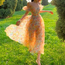 

2021 Summer French Elegant Beach Sundresses for WomenCasual Midi Vintage Strap Dress Females Off Shoulder Korean Style Design