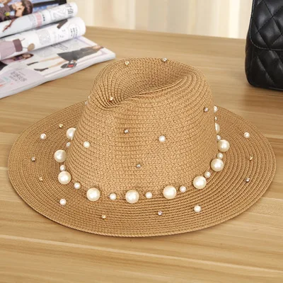YOYOCORN Sun Visor Beach Hat Flower Pearl rivet Straw Hat Summer Hats For Women Flower Beads Wide Brimmed Jazz Panama Hat
