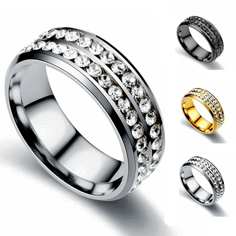 

Double row CZ Stone ring stainless steel Titanium nlaid couple rings anillo acero inoxidable ringen voor vrouwen finger obraczki
