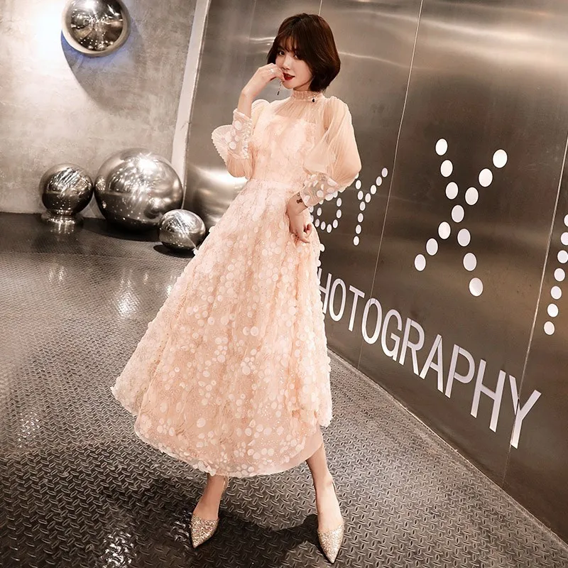 

Fairy Pink Sweet Dress Party Dress 2020 New Ladies Annual Meeting Noble and Thin Long-sleeved Evening Dress Appliques Flower