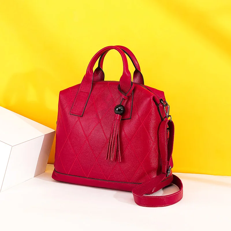 BISON DENIM Genuine Leather Women Shoulder Bags Large Capacity Crossbody bags for women Fashion Tassel Female Handbag B1858 - Цвет: red