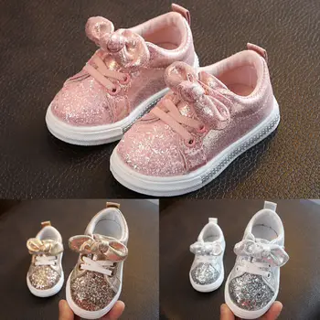 

2020 Children Four Season Shoes 1-3 Years Toddler Baby Girls Bow Sequin Crib Shoe Trend Casual Shoes Glitter Bowknot Dress Shoes