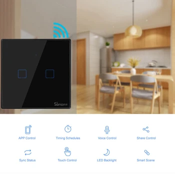 

SONOFF T3 TX US/EU/UK 2 Gang 1 Way Touch Smart Switch Light Black Glass Wifi Remote Control 433MHZ Support Google Home IFTTT