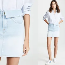 Сезон Европа и США с высокой талией FR складки шеи талии светло-синяя джинсовая мини-юбка для женщин