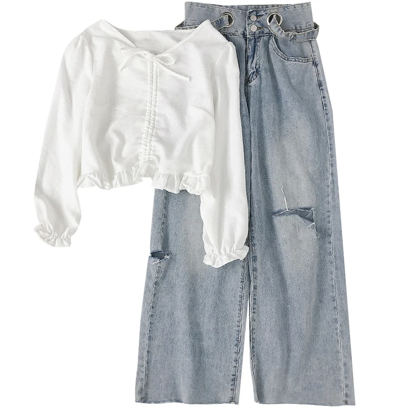 

2020 Spring summer women long sleeve v neck clothes sets top short T-shirt high waist wide leg jeans pants casual out wear