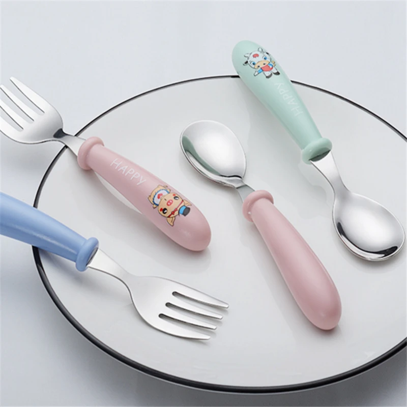 Baby Gadgets Tableware Set Children Utensil Stainless Steel Toddler Dinnerware Cutlery Cartoon Infant Food Feeding Spoon Fork baby feeding spoon