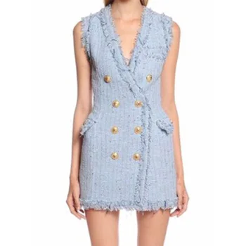 

Elegant Double-breasted Blue Tassel Blazer Dress For Women Autumn Winter Women V-neck Sleveless Runway Dress