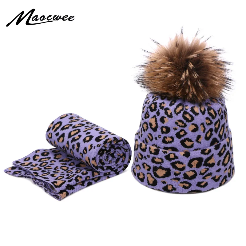 

New Fashion Beanie Hat Scarf Set For Women Leopard Print Autumn Winter Plus Velvet Warm Scarf Female Cotton Real Fur Pompon Caps