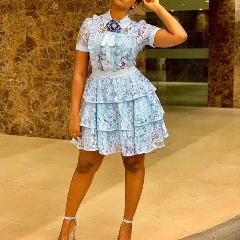 

Blue Short Sleeve Lace Layered Mini Dress Summer African Women Elegant Transparent Bowknot Princess Short Ruffles Dress Vintage