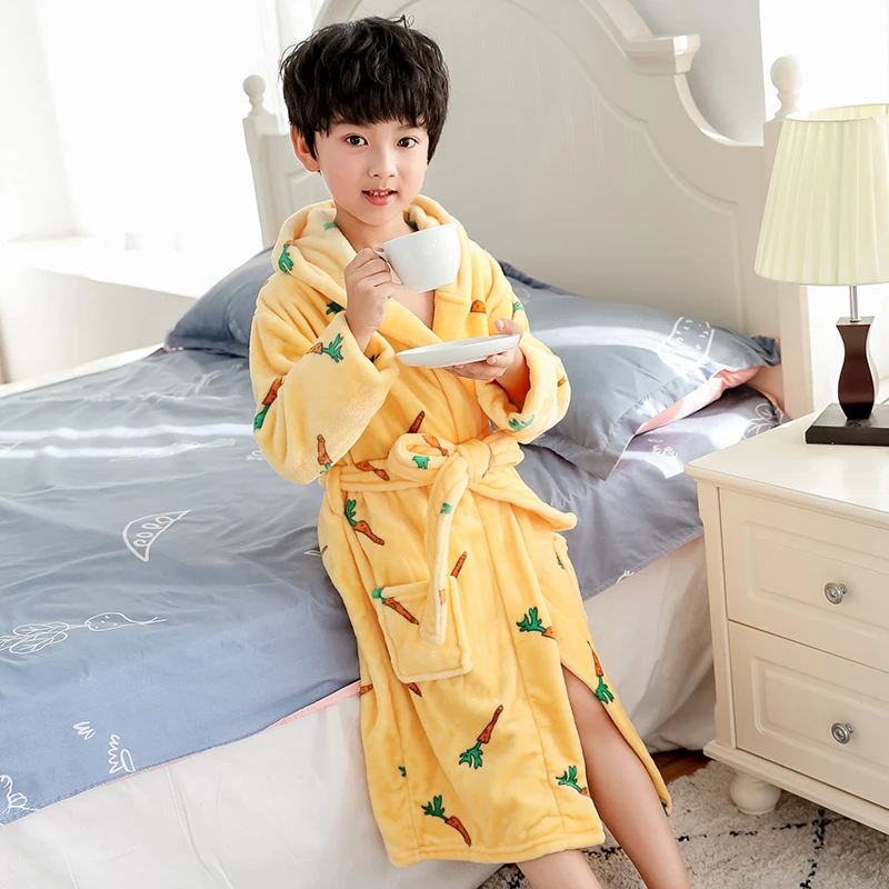 Детский банный халат для мальчиков; весенне-зимняя Пижама с Живыми Животными; теплая детская пижама; банный халат для мальчиков-подростков; одежда для плавания - Цвет: carrot Hooded