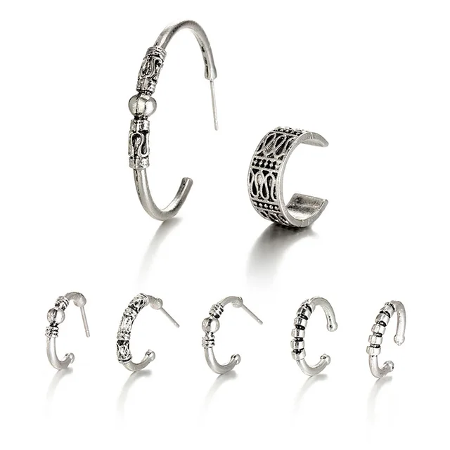 7pcs/set Vintage Bohemian Ethnic Silver Color Round Circles Stud Earrings Set For Women Fashion Ear Cartilage Cuff Piercing 1 set