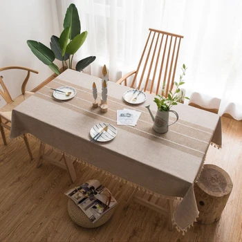 

Stripe Decorative Linen Tablecloth With Tassel Thick Rectangular Wedding Dining Table Cover Tea Table Cloth
