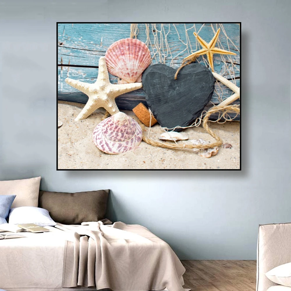 Canvas Art Painting Beach starfish, shells and wood carving Art Poster Picture Wall Decor Modern Home Decoration For Living room