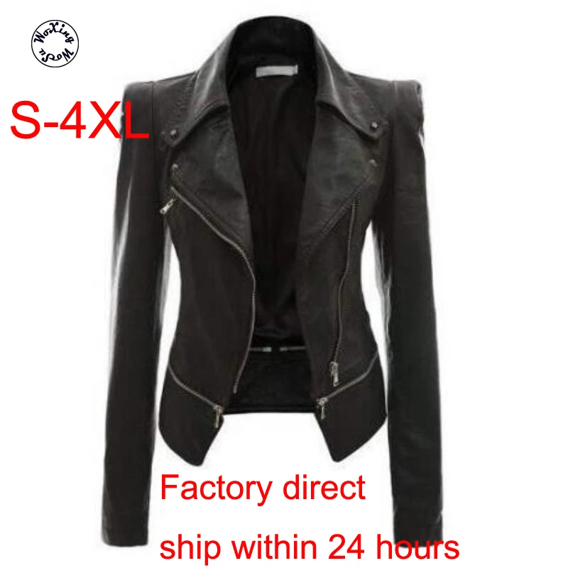 

Spring aututmn Pu leather jacket Women Zipper Belt short soft Pu Leather Jacket Biker Punk Faux Motorcycle Coat S to 4XL