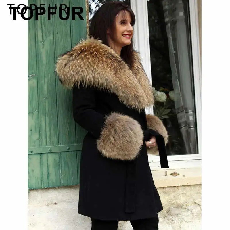 TOPFUR кашемировый Меховая куртка осень-зима из натурального меха енота меховым капюшоном модная Роскошная длинная куртка C мехом
