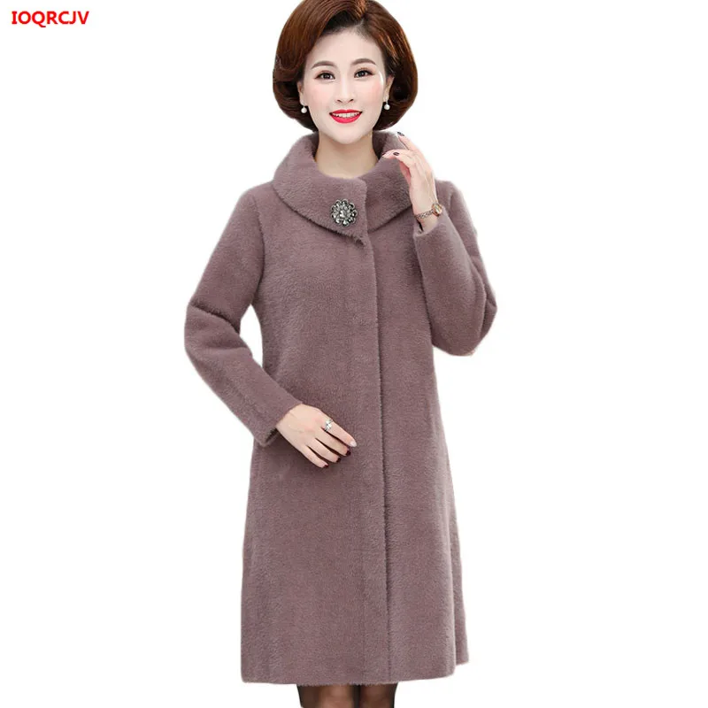 Women Winter Long Jacket High Quality Thick Imitation Mink Cashmere Coat Middle-aged Mother Knit Sweater Cardigan Faux Fur Coats