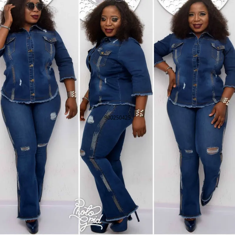 

2020 Autumn 2 Pc High-end Plus Size Denim Set Solid Young Office Sweet Full Sleeve Cloth Top Long Pants Slim Women 2 Piece Se